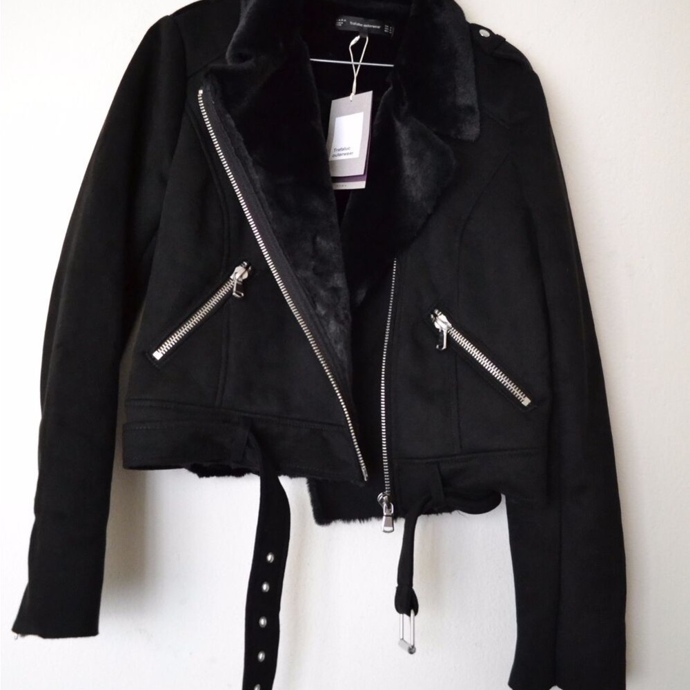 ZARA AW 2017 BLACK SUEDE-EFFECT BIKER JACKET SIZE S REF. 1255/267